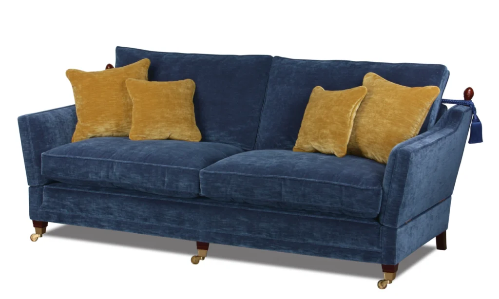 Sofa in blauem Samt Stoff, hochwertig gepolstert